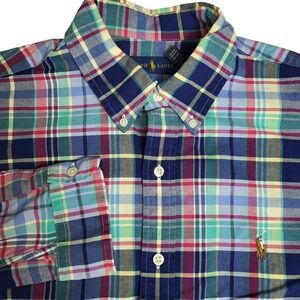 Ralph Lauren Mens Large Plaid Button‎ Down Long Sleeve Shirt Flesh Pony Multi